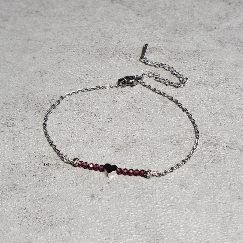 once more with love tiny silver heart January birthstone Garnet bracelet Tiny heart bracelet personalized mindfulness gift