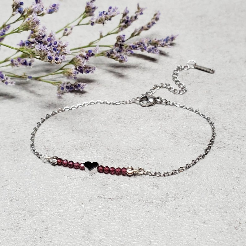 once more with love tiny silver heart January birthstone Garnet bracelet Tiny heart bracelet personalized mindfulness gift