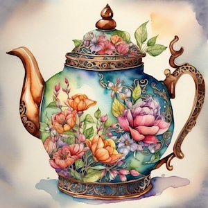 Op de afbeelding: Een blauwe en gouden theepot met bloemmotieven en ingewikkelde details. De theepot heeft een bloemmotief met roze, gele en witte bloemen. De theepot heeft een gouden handvat en tuit.