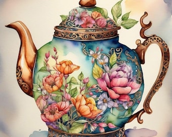 Puede incluir: Una tetera azul y dorada con diseños florales y detalles intrincados. La tetera tiene un patrón floral con flores rosas, amarillas y blancas. La tetera tiene un asa y un pico dorados.