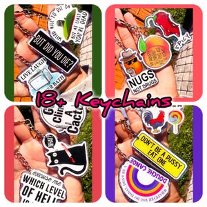 Puede incluir: Una colección de llaveros novedosos con varios diseños y frases. Los llaveros incluyen una lápida, un cactus, un gato negro y un arcoíris. El texto en los llaveros incluye frases como "But did you die?" y "Don't be a pussy eat one."
