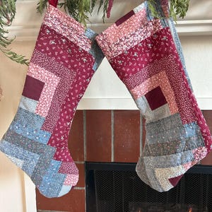 Quilted Christmas Stocking Vintage Handmade Upcycled Primitive Folk Art ...