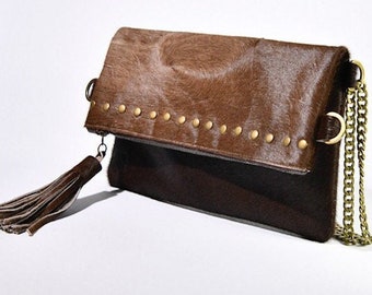 Stile equestre, capelli fatti a mano su borsa ripiegabile in pelle di vacchetta con nappa, pochette, borsa a mano, borsa stile Boho Chic, unica nel suo genere, borsa a tracolla