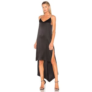 Women&#39;s 100% Silk High-Low Black Slip Dress with Adjustable Straps and Low Back, Size S/M
