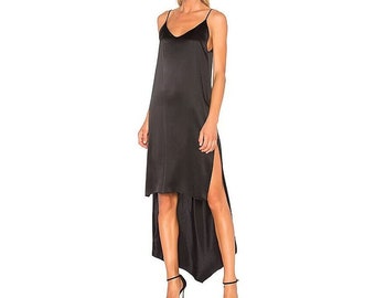 Women's Black Silk Slip Dress with Adjustable Straps and Low Back, Size S/M