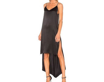 Women's 100% Silk High-Low Black Slip Dress with Adjustable Straps and Low Back, Size S/M