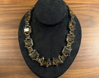 Vintage Banana Republic Necklace Smoky Glass Statement Necklace Bronze Tone Square Crystal Link Collar