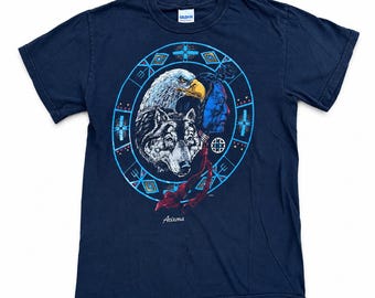 Vintage Arizona Wolf Eagle Graphic T-Shirt – Distressed Navy Tee