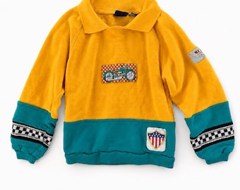 Vintage jaren 90 kindermotortrui geel groenblauw colorblock maat 6