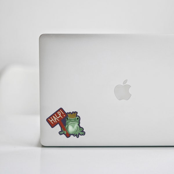 Frog with a Crown Sticker- Halp Sign,  Frog, Frog holding a sign, Bookish, Frog with a Sign