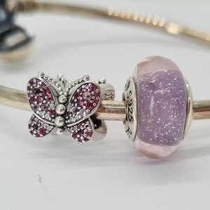 Pandora, New Set of 2 Bracelet Charms, Dazzling Pink Butterfly , Pink Butterfly Murano ,Sterling Silver, S925, Fully Stamped