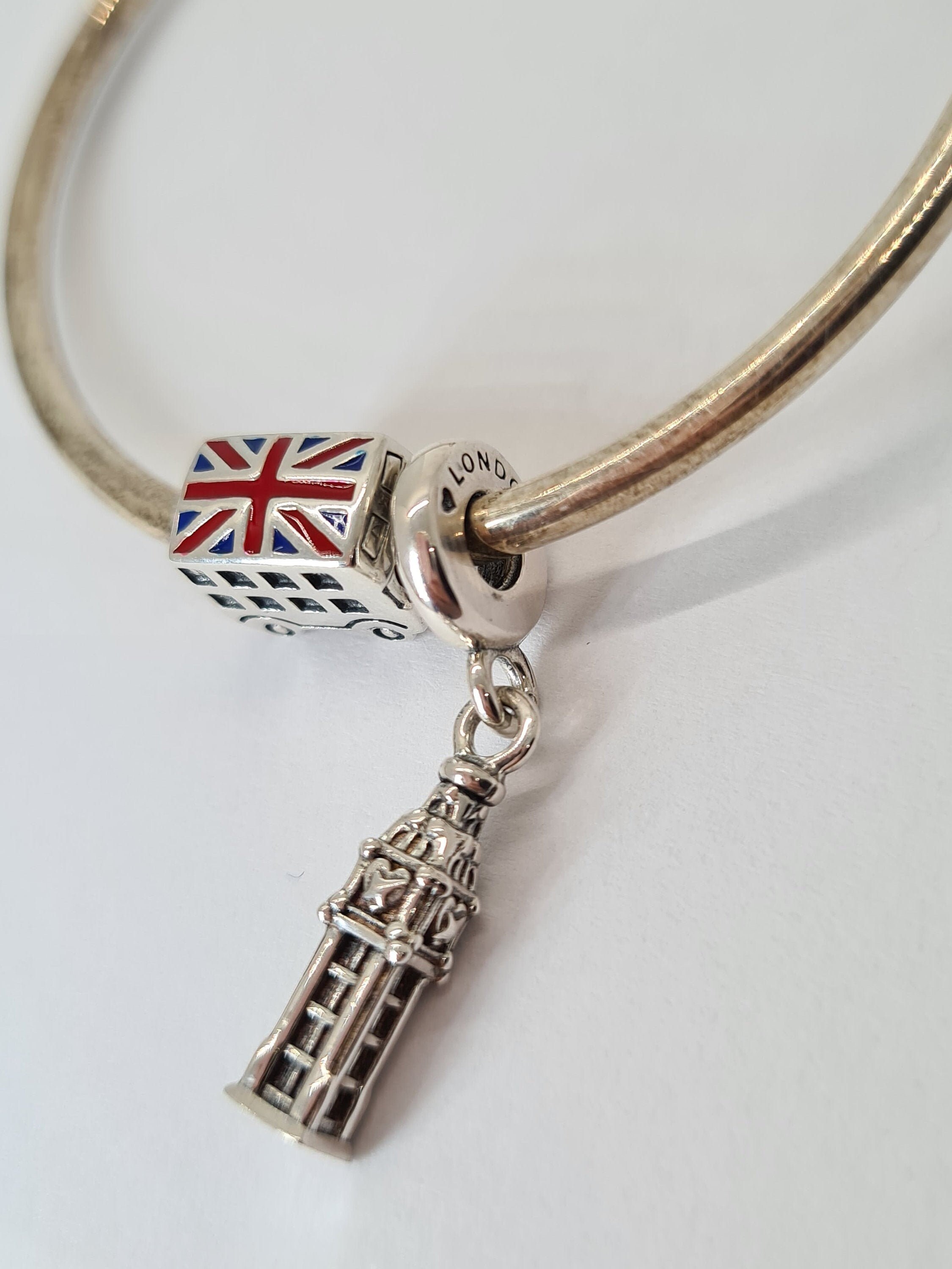 Pandora New Set of 2 Bracelet Charms London Big Ben London Bus Sterling Silver S925 Fully Stamped