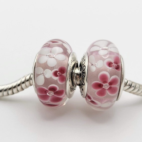 PANDORA SILVER BRACELET WITH PINK FLOWERS & CRYSTAL EUROPEAN CHARMS & GIFT  BOX!