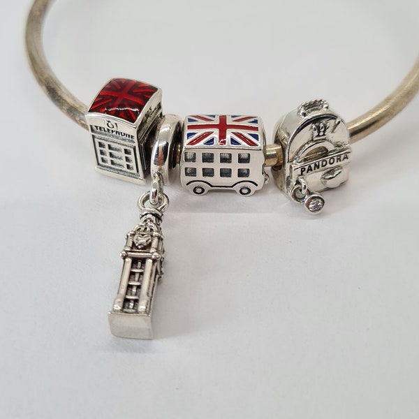 Pandora, New Set of 4 Bracelet Charms, Telephone Booth "Call Me" ,Travel Bag, London Bus , Big Ben Charm, Sterling Silver,S925,Fully Stamped