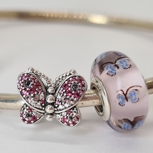 Pandora, New Set of 2 Bracelet Charms, Dazzling Pink Butterfly , Butterfly Murano ,Sterling Silver, S925, Fully Stamped