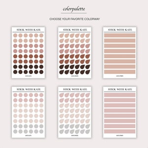 Op de afbeelding: Zes verschillende kleurpaletten met de tekst "Stick with Kate" bovenaan elk. De paletten zijn gemaakt van verschillende tinten bruin, roze en grijs. De paletten zijn gelabeld "Cafe Dots", "Cafe Drops", "Cafe Strips", "Kate Dots", "Kate Drops" en "Kate Strips".