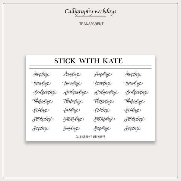 Calligraphy Weekdays - Handlettered | Bujo stickers | Planner stickers
