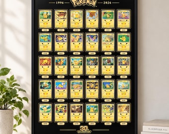 Op de afbeelding: Een zwart ingelijste poster met een raster van dertig gele Pikachu-verzamelkaarten in vijf rijen van zes. Bovenaan staat de tekst 1996 Pokémon 2026 en onderaan de tekst 30th CELEBRATION.