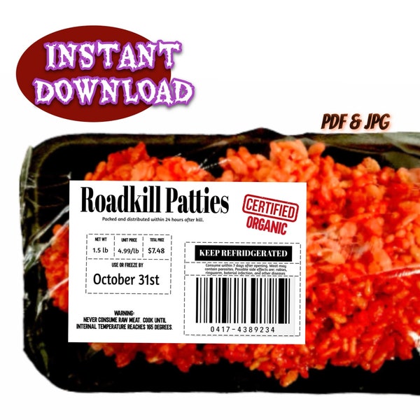 Printable Roadkill Pattie Labels, Instant Download Meat Labels, Halloween Pranks, Halloween Party Food Labels, Butcher Labels, Rice Kristy