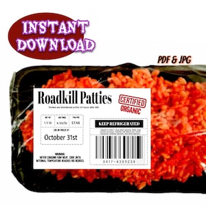 Printable Roadkill Pattie Labels, Instant Download Meat Labels, Halloween Pranks, Halloween Party Food Labels, Butcher Labels, Rice Kristy