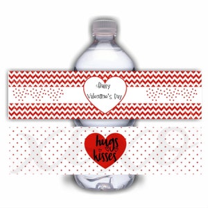 Valentine Day Red Heart Chevron Water Bottle Labels Class Party Favors