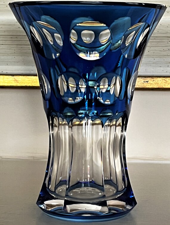 A Vintage val St Lambert Blue Flash Cut Glass Petite Vase C w