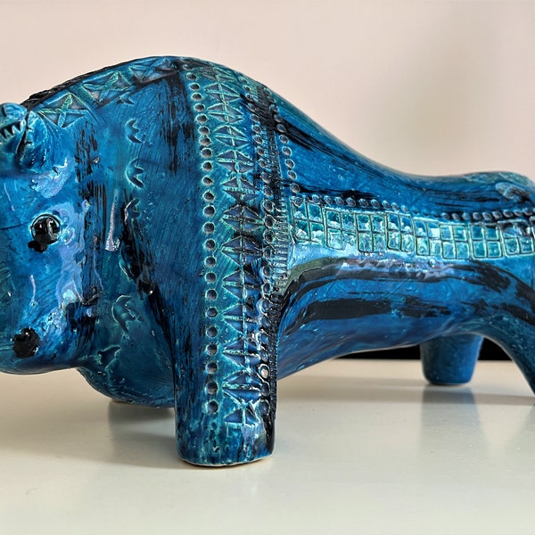 Large Bitossi Italian Pottery Bull Aldo Londi Turquoise Blu Rimini Collection