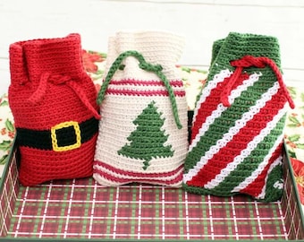 Christmas Drawstring Bags | Crochet Pattern Bundle! | Crochet Christmas Gift Bags | Crochet Holiday Bags