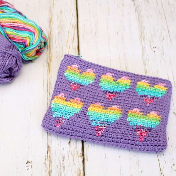 Rainbow Hearts Pouch | Crochet Zipper Pouch | Crochet Bag | Tapestry Crochet Bag | Tapestry Crochet Pattern