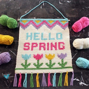 Può includere: Un arazzo da parete all'uncinetto con le parole "HELLO SPRING" in filato colorato. L'arazzo presenta una fila di tulipani con steli e foglie verdi. L'arazzo ha un bordo a frangia in vari colori.