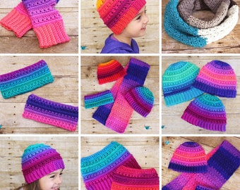 Criss Cross Stitch Pattern Bundle | Crochet Beanie | Crochet Scarf | Infinity Scarf | Crochet Earwarmer | Crochet Fingerless Gloves