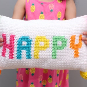 Crochet Happy Pillow | Crochet Pillow | Happy Pillow | Intarsia Crochet Pillow | Tapestry Crochet Pillow