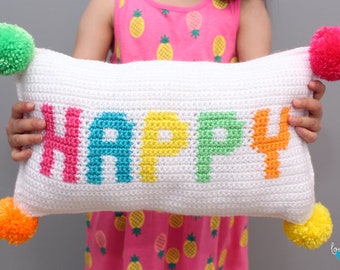 Crochet Happy Pillow | Crochet Pillow | Happy Pillow | Intarsia Crochet Pillow | Tapestry Crochet Pillow