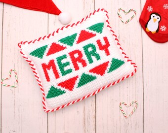 Crochet Merry and Bright Pillow | Crochet Christmas Pillow | Crochet Holiday Decor | Crochet Gift | Crochet Home Decor