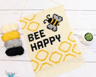 Bee Happy Wall Hanging | Crochet Wall Hanging | Crochet Home Decor | Tapestry Crochet Pattern | Crochet Bee Pattern