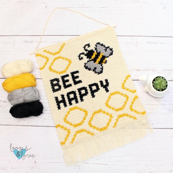 Bee Happy Wall Hanging | Crochet Wall Hanging | Crochet Home Decor | Tapestry Crochet Pattern | Crochet Bee Pattern
