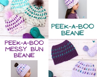 Peek-a-Boo Beanie and Messy Bun Beanie | Crochet Beanie and Messy Bun | Crochet Hat Pattern | Crochet Ponytail Hat | Crochet Bun Beanie