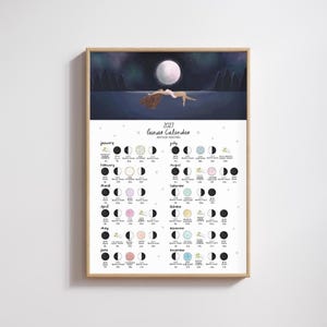 May include: A 2027 lunar calendar wall print in a light wood frame. The top section features a dark night sky with a full moon and a figure floating above water. The bottom section displays monthly moon phases with text and small colourful icons.