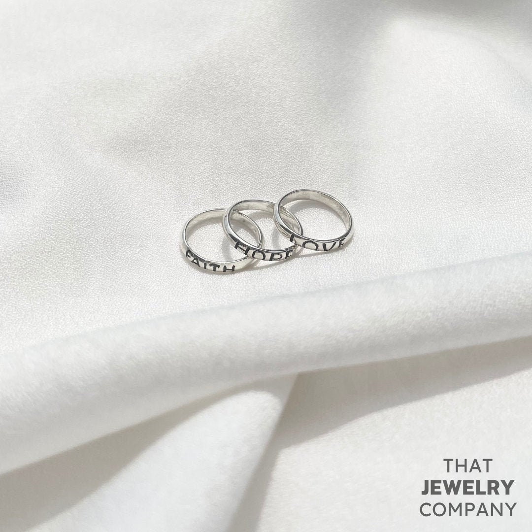 925 Sterling Silver 'Faith Hope Love' Ring Set Etsy