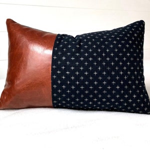 Leather Throw Pillow Cover Swiss Cross Navy Blue Linen Lumbar Pillow~Swiss Cross Pillow Covers~Spicy Nacho Decor