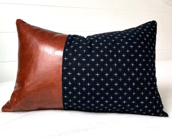 Leather Throw Pillow Cover Swiss Cross Navy Blue Linen Lumbar Pillow~Swiss Cross Pillow Covers~Spicy Nacho Decor