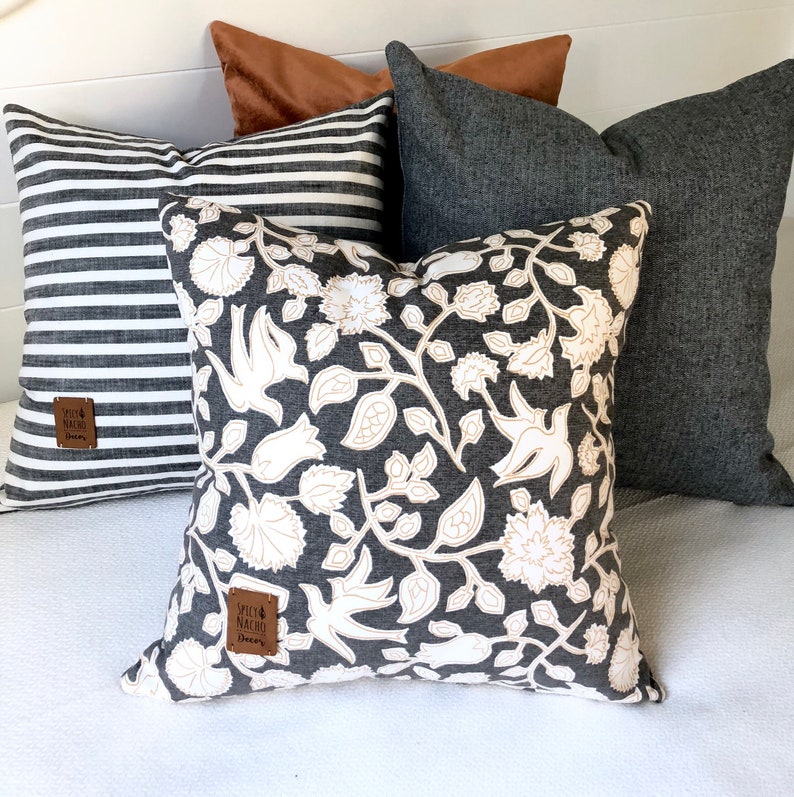 Pillow Covers 18 x 18Gray Cream Gold Bird and Floral Pattern Etsy