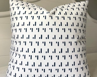 Blue Block Print Pillow Cover: White Cotton Throw Pillow (20x20)