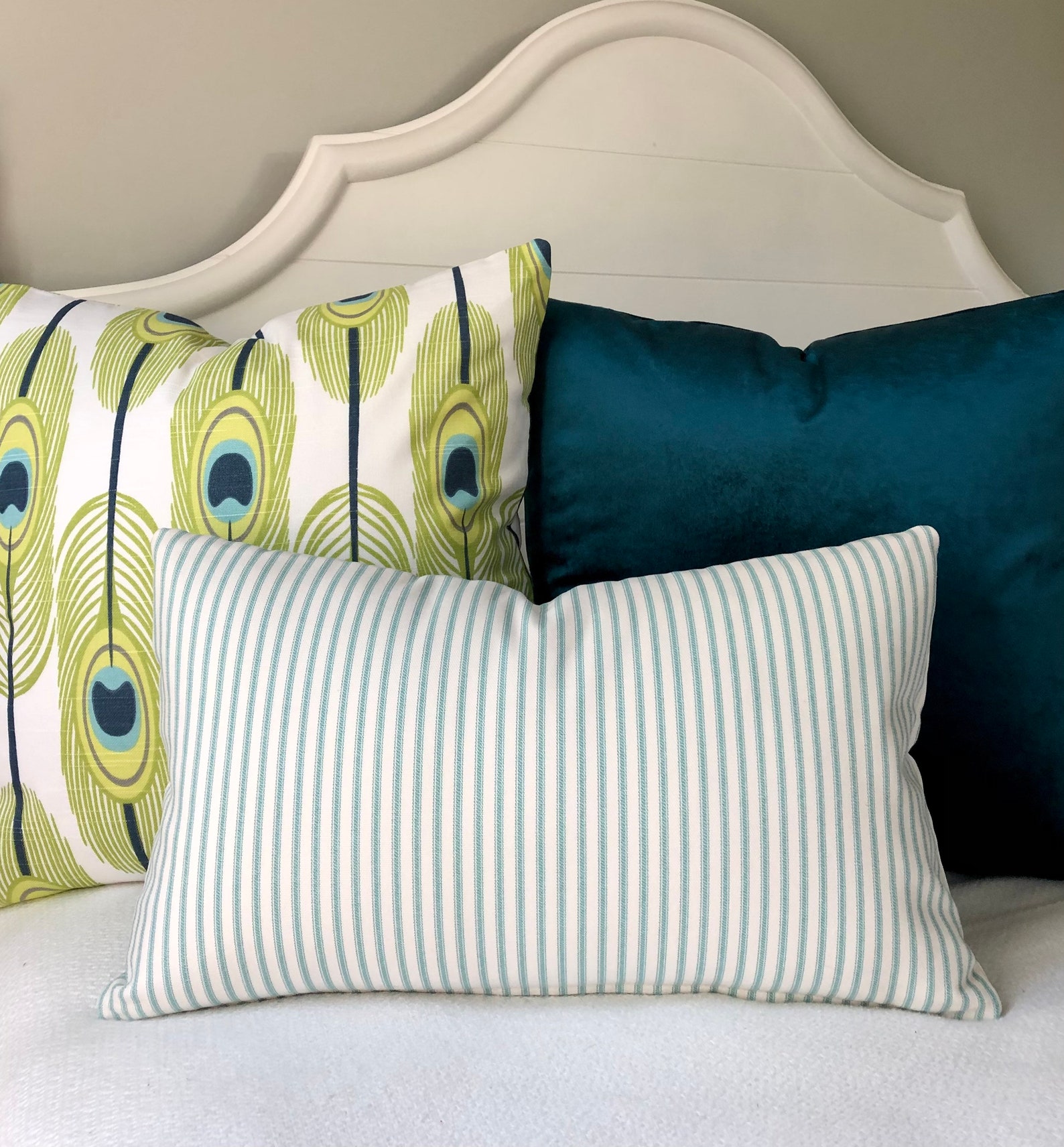 Aqua Lumbar Pillow Cover 12x20 Pillow Coverturquoise Ticking Etsy