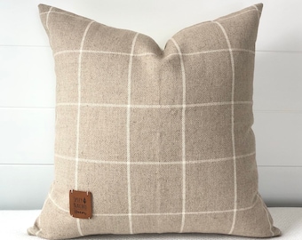 Tan Windowpane Linen Pillow Cover - Beige Plaid Throw Pillow