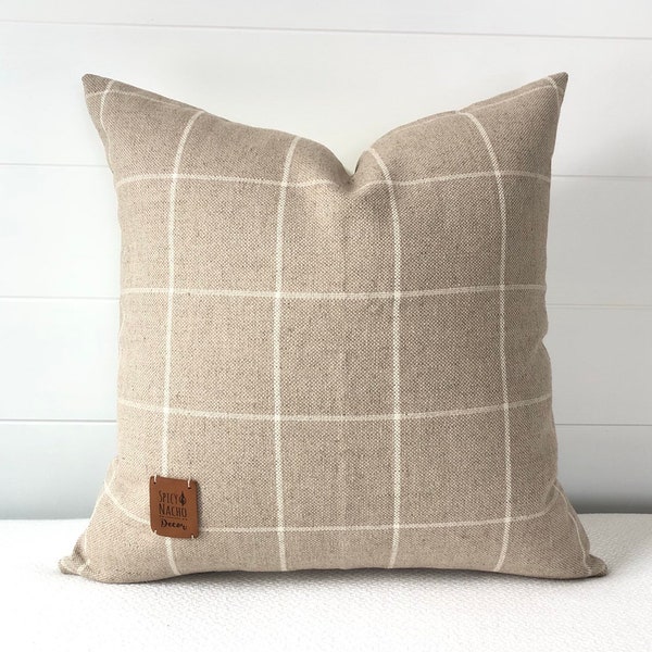 Tan Windowpane Pillow Cover 20x20 Pillow Cover~Tan Plaid Pillow Cover~Beige Linen Window Pane Throw Pillow Covers by Spicy Nacho Decor