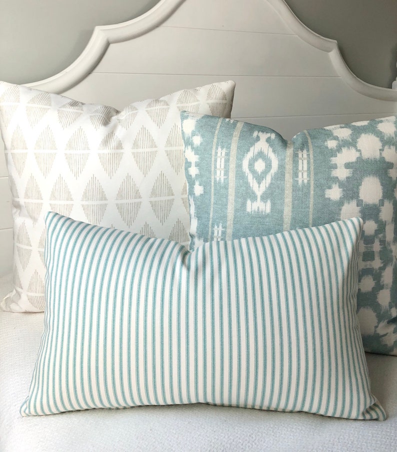 Aqua Lumbar Pillow Cover 12x20 Pillow Coverturquoise Ticking Etsy