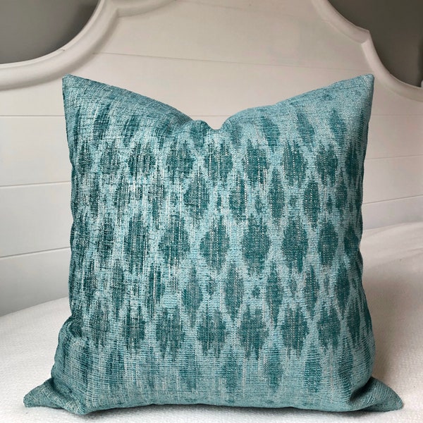 Turquoise Throw Pillow Covers 20x20~Turquoise Pillow Cover 22x22~Textured Throw Pillow~Blue Green Ikat Pillow by Spicy Nacho Decor