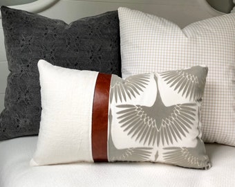 Swan Pillow~Gray Velvet Pillow Cover~Leather Throw Pillow~Taupe Pillows~Leather Pillow Cover 12x20 by Spicy Nacho Deco