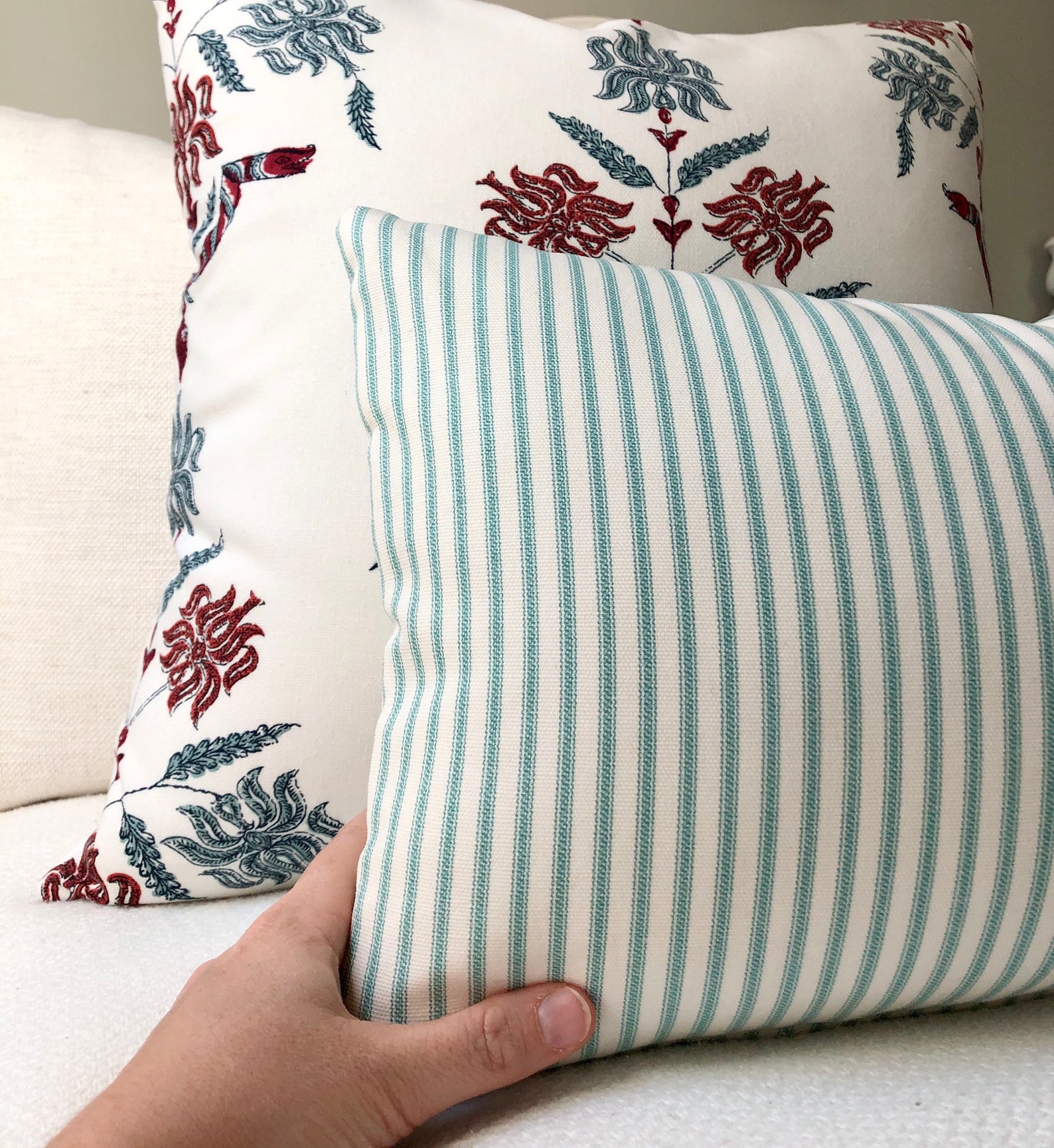 Aqua Lumbar Pillow Cover 12x20 Pillow Coverturquoise Ticking Etsy